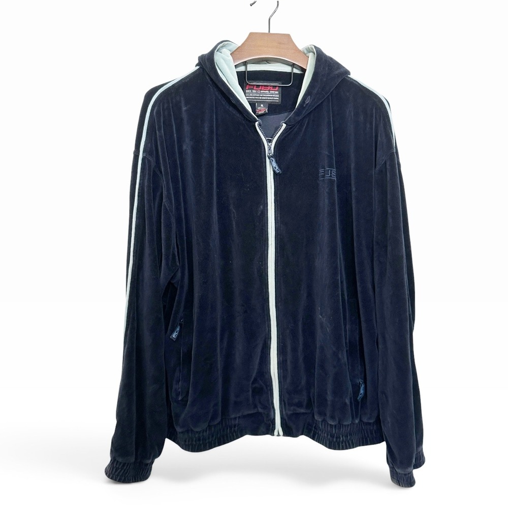 FUBU Hoodie Mens XL Navy Blue Velour Vintage 90s Y2K Streetwear Zip Up Jacket XL